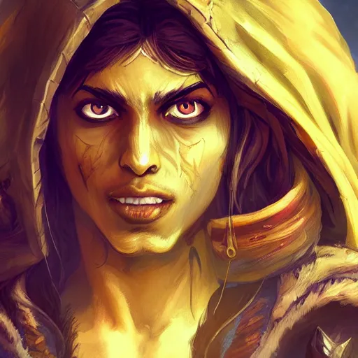 Image similar to portrait of young wild arabian nomad half werewolf, with yellow cloths, league of legends splash art, castlevania, hearthstone splash art, full body shot, rule of thirds, ultrafine hyperrealistic detailed face, artgerm, greg rutkowski, trending on artstation, 8 k, intricately detailed, highly detailed