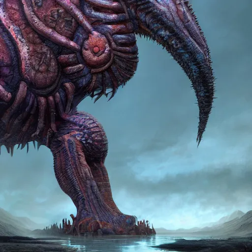 Image similar to dukhara scavenger, colossal dreadmaw, driven, highly detailed, digital painting, HDRI, by Randy Vargas and wayne barlowe, vivid colors, high contrast, 8k resolution, intricate, photorealistic, smooth