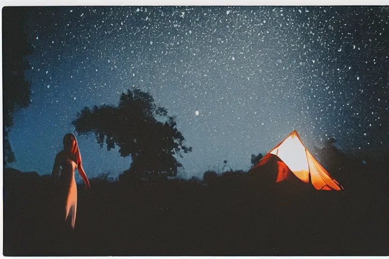 Prompt: blured shadow of sleepy young woman on white light, focused background blue night sky with stars and orange campfire, polaroid photo