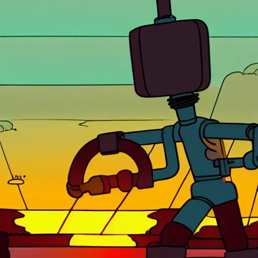 Prompt: Bender from futurama holding hands with a hydraulic press, walking into sunset, epic lighting, wasteland