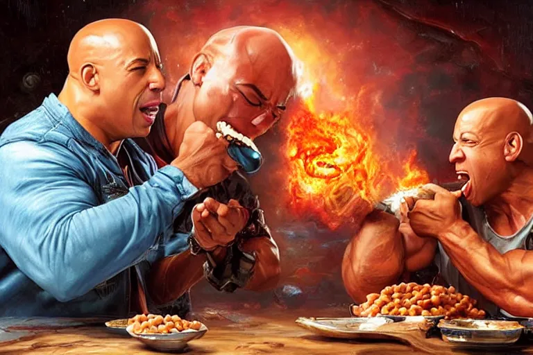 Prompt: vin diesel pouring baked beans into the mouth of dwayne the rock, an oil painting by ross tran and thomas kincade