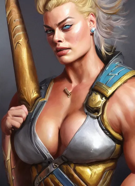 Image similar to detailed portrait of margot robbie as a thick female bodybuilder barbarian zarya from overwatch, attractive, beautiful, fantasy, intricate, elegant, highly detailed, digital painting, artstation, concept art, matte, sharp focus, illustration, art by aenaluck, artgerm and roberto ferri and greg rutkowski, epic fantasy, digital painting