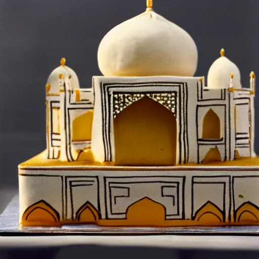 Image similar to Award winning photo 35mm of a cake that is made of a varieaty of cheese in the shape of the taj mahal, tha cake is in the shape of the taj mahal, all the cake structure is made of cheese and in format of the taj mahal