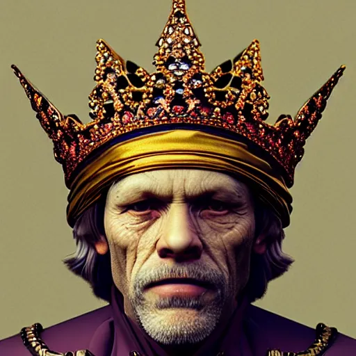 Image similar to John Malkovich with a diamond jeweled crown with a golden crown, photorealistic, highly detailed, 8k, in the art style of Filip Hodas, 8k