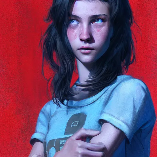 Image similar to portrait of a brunette thin teenager girl with blue eyes in fallout 4, light stubble with red shirt, praying to god ,digital art,photorealistoc,art by greg rutkowski,hyperdetailed,western comic style,comic,comic style,sharp lineart,professional lighting,deviantart,artstation,trevor henderson,rossdtaws,cinematic,dramatic