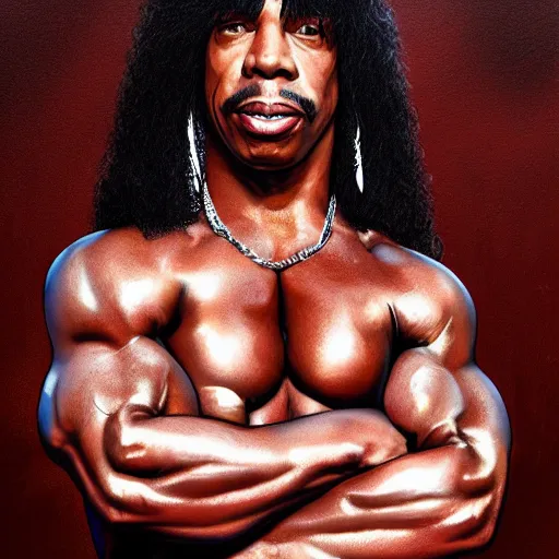 Prompt: Rick james with the physique of a body builder, hyper realistic, ultra detailed, cinematic, dynamic lighting, photorealistic, refined, intricate, digital art, digital painting, masterpiece, 8k