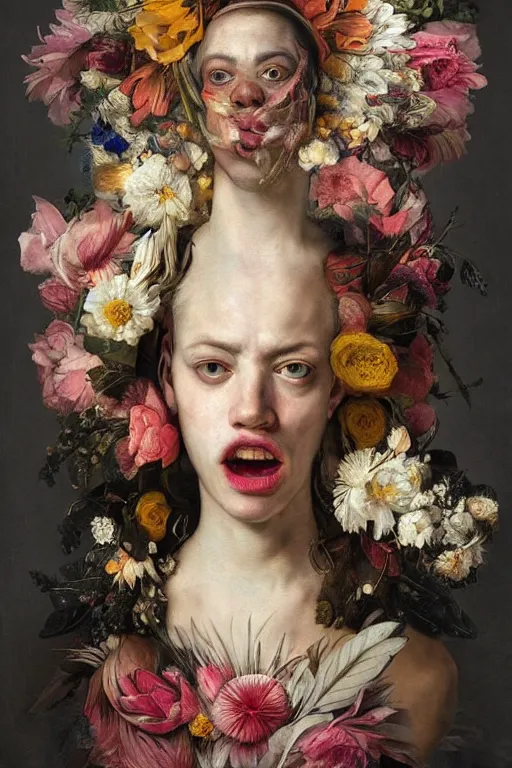 Prompt: A maximalist portrait a with large lips and with large eyes, expressive, deformed face, wearing a headdress made of flowers and !!!bones!!!, baroque by Jenny Saville and (((Caravaggio))) In style of digital illustration art, Rembrandt lighting, Ray tracing, hyper detailed, sharp focus, Soft light 4K, framed in image