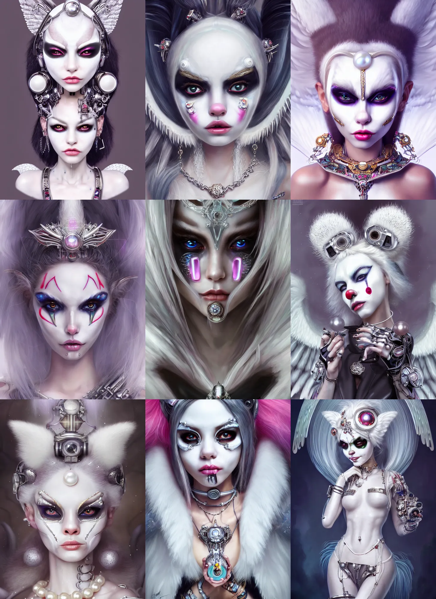 Prompt: ultra realistic, beautiful milk white porcelain clowncore pearl raccoon angel madison beer cyborg woman with elaborate jewelry, sci - fi, fantasy, cyberpunk, intricate, elegant, highly detailed, digital painting, ever after high, octane render, artstation, concept art, smooth, sharp focus, illustration, art by artgerm and loish and wlop