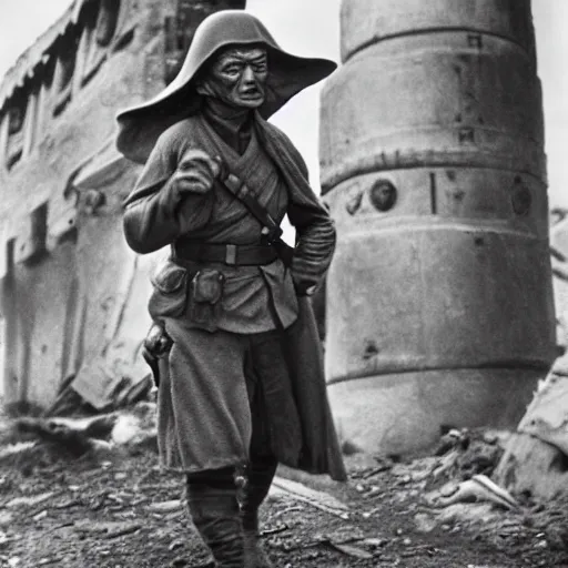 Image similar to Yoda as a Russian soldier in WW2, Battle of Stalingrad 1943, 4K, 30mm film stock, high detail, historical