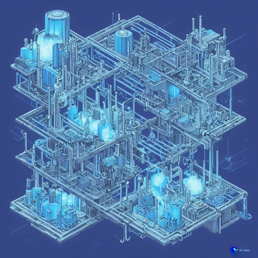 Prompt: nuclear reactor control rods, blue glow, isometric, by jean - baptiste monge
