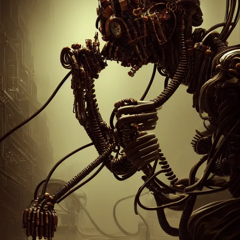 Image similar to cables steampunk computers , love death robots, beautiful detailed intricate insanely detailed octane render trending on Artstation, 8K artistic photography, photorealistic, chiaroscuro, Raphael, Caravaggio, Beksinski, Giger