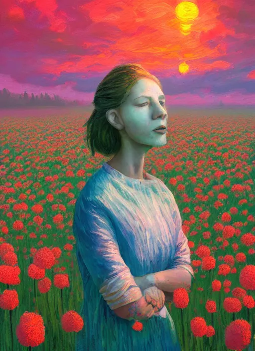 Image similar to portrait of a woman, face made of giant carnation, flower field, surreal photography, sunset dramatic light, impressionist painting, colorful clouds, large sky, digital painting, artstation, simon stalenhag