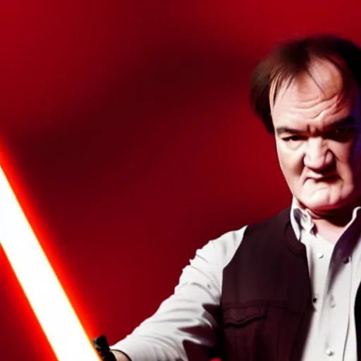 Prompt: quentin tarantino giving his thumbs up with his left hand, raising his right arm with a lightsaber. red background. cinematic trailer format.