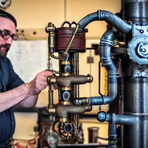 Image similar to A random pointless contraption ((steampunk)) industrial appliance pneumatic machine with no apparent purpose, being operated by a scholarly looking man with a clear directed gaze, XF IQ4, f/1.4, ISO 200, 1/160s, 8K, RAW, unedited, symmetrical balance, in-frame