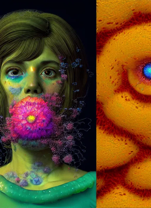 Prompt: hyper detailed 3d render like a Oil painting - Ramona Flowers in mascara seen Eating of the Strangling network of colorful yellowcake and aerochrome and milky Fruit and Her delicate Hands hold of gossamer polyp blossoms bring iridescent fungal flowers whose spores black the foolish stars by Jacek Yerka, Mariusz Lewandowski, Houdini algorithmic generative render, Abstract brush strokes, Masterpiece, Edward Hopper and James Gilleard, Zdzislaw Beksinski, Mark Ryden, Wolfgang Lettl, Dan Hiller, hints of Yayoi Kasuma, octane render, 8k