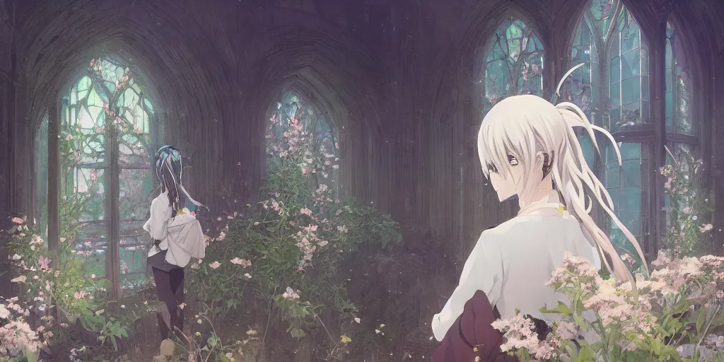 Image similar to anime kyoto animation key by greg rutkowski night, single white hair girl from behind, in abandoned chapel with overgrown flowers and plants