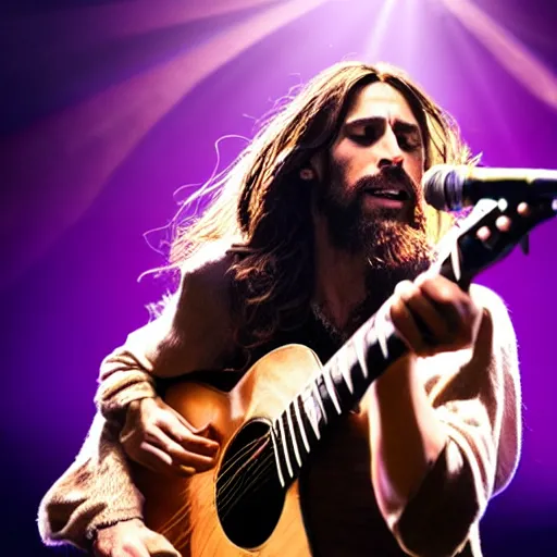 Image similar to Jesus Christ in a rock band, singing on stage, dynamic lighting, dynamic pose