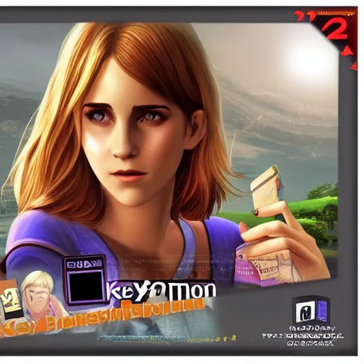 Image similar to ps 2 game box keyart, emma watson the sims, playstation 2, oldschool