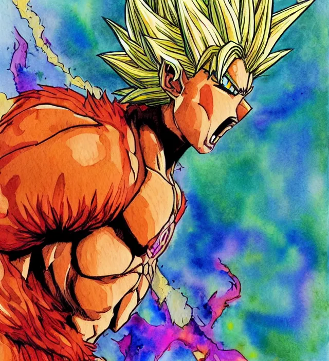 Image similar to a 3 / 4 view watercolor ink painting of super saiyan shaggy in the style of jean giraud in the style of moebius trending on artstation deviantart pinterest detailed realistic hd 8 k high resolution