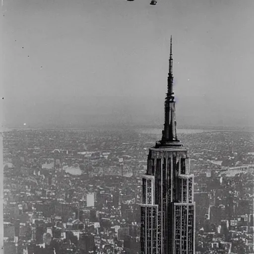 Prompt: a dirigible moored to the empire state building