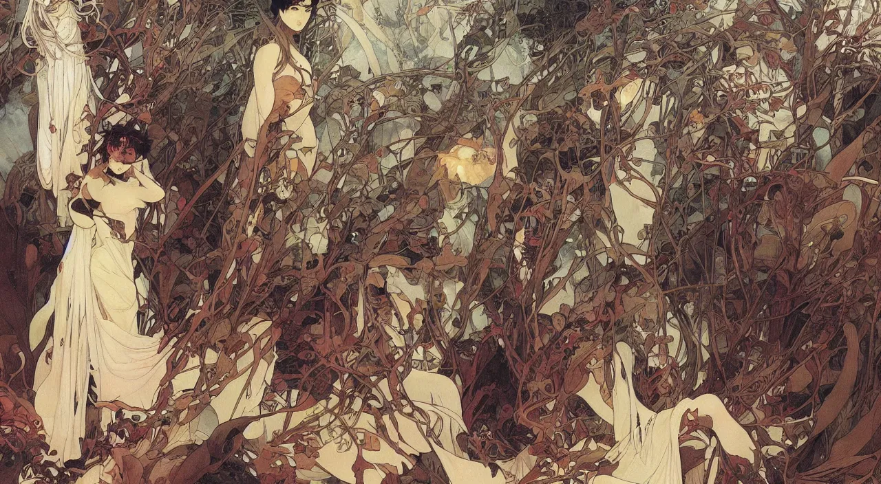 Image similar to A beautiful landscape painting of dystopian future by Alfons Maria Mucha and Yoshitaka Amano and junji ito