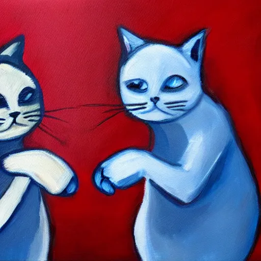 Prompt: a painting of two cats fist bumping each other, there is an explosion behind them