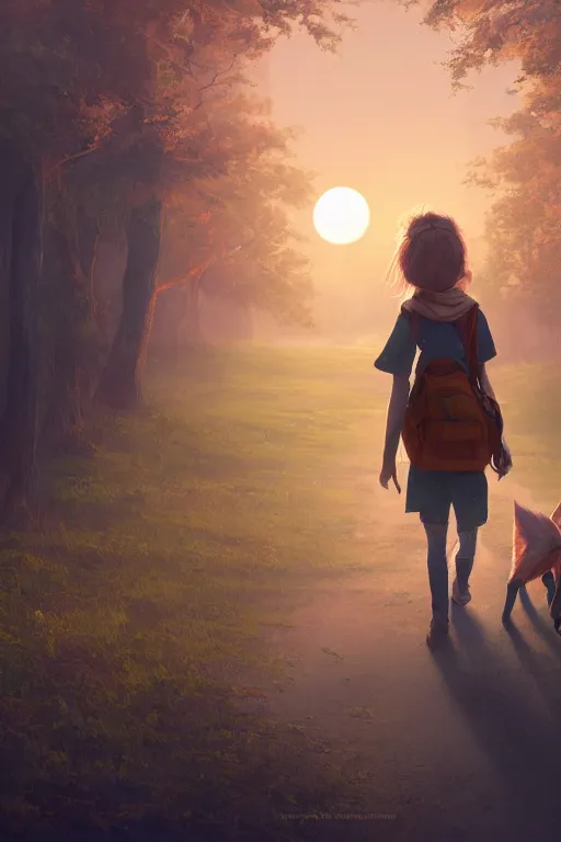 Image similar to a young girl walking to school with her pet fox, matte painting in the style of Greg Rutkowski, early morning light, sunrise, golden hour, trending on artstation