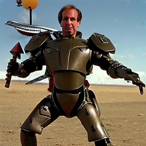 Image similar to Saul Goodman in Starship Troopers armor fighting bugs on Klendathu