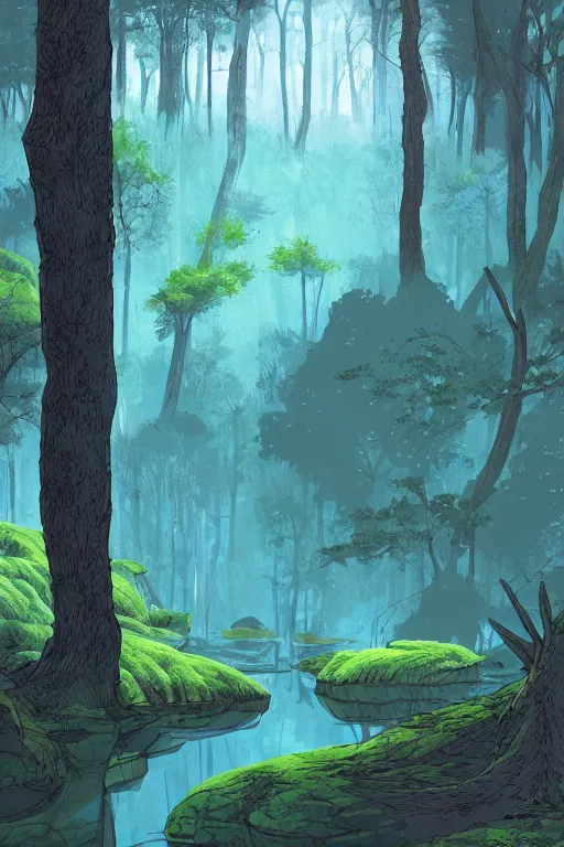Image similar to concept art painting of a forest in a cave, artgerm, moebius, inio asano, toon shading, cel shading, calm, tranquil, vaporwave colors,