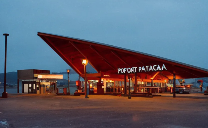 Prompt: exterior photo of the port byron travel plaza, a boring white a - frame build, depressing scene from being john malcovich film directed by charlie kaufman ( 2 0 0 1 ), moody cinematography and lighting, 2 4 mm anamorphic lens