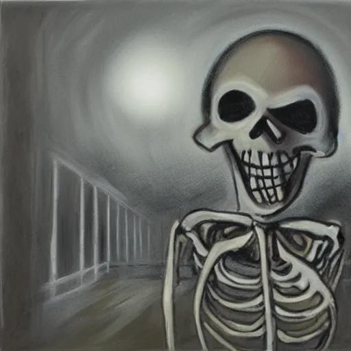 Prompt: creepy mafia skeleton in a fogged neighborhood, pastel painting