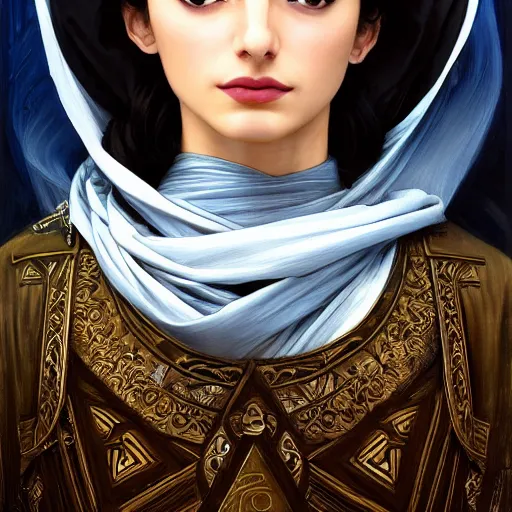 Image similar to greek Ameera al-Taweel, blue eyes, wavy black hair, white veil, highly detailed, digital painting, artstation, concept art, smooth, sharp focus, illustration, ArtStation, art by artgerm and greg rutkowski and alphonse mucha and J. C. Leyendecker and Edmund Blair Leighton and Katsuhiro Otomo and Geof Darrow and Phil hale and Ashley wood and Ilya repin and Charlie Bowater