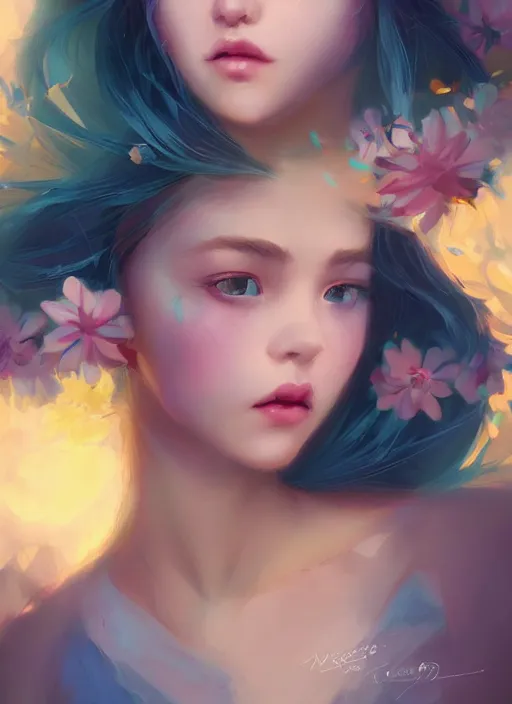 Image similar to a gorgeous flower princess portrait by WLOP, emerald yellow eyes, blue hair, digital painting, beautiful lighting, mystical , cgsociety, artstation