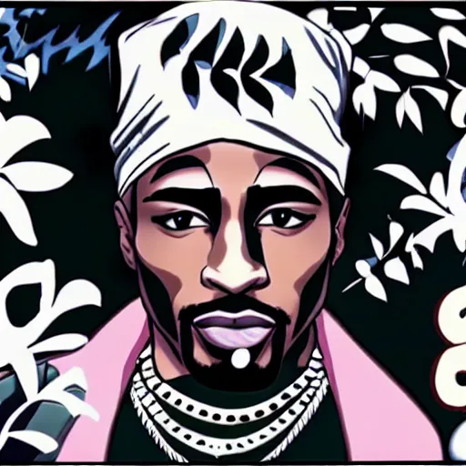 Image similar to Tupac Shakur, screenshot from a 2012s anime