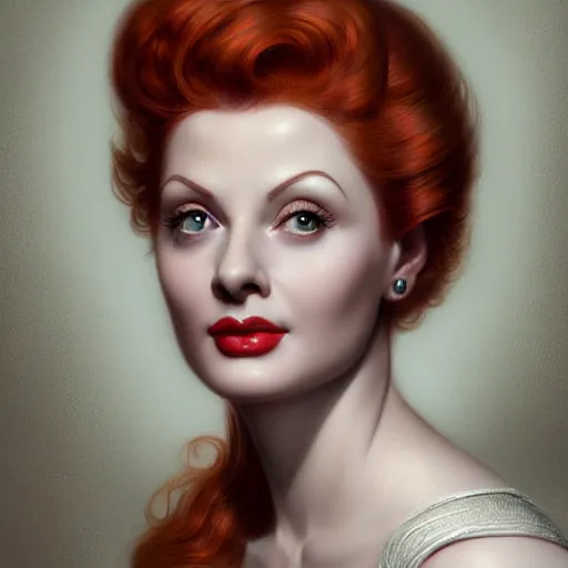 Prompt: beautiful striking Pre-Raphaelite Lucille Ball by Artgerm and Greg Rutkowski, pale, intricate, elegant, highly detailed, digital painting