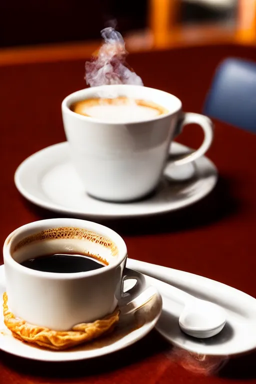 Image similar to realistic detailed photo of a steaming cup of coffee on a saucer with a flaky pastry on the side and a coffee spoon next to it on the table, hotel lobby in the background, liminal spaces, hdr, volumetric lighting, dim light, diffuse light, depth of field