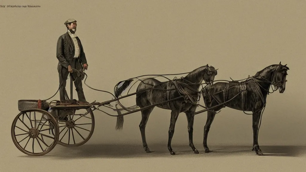 Prompt: horse drawn vacuum cleaner salesman, nineteenth century, photorealistic, rendered in octane