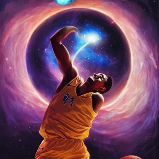 Image similar to cosmic basketball player dunking a basketball hoop in a nebula, an oil painting, by ( leonardo da vinci ) and greg rutkowski and rafal olbinski and ross tran, award - winning magazine cover