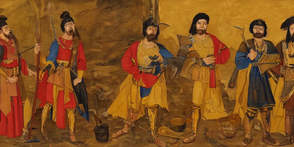 Image similar to Detailed painting of three warriors gathered around a large wooden table. They wear golden cloaks;