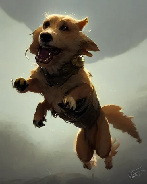 Image similar to a cute magical flying dog, fantasy art drawn by disney concept artists, greg rutkowski, golden colour, high quality, highly detailed, elegant, sharp focus, concept art, character concepts, digital painting, mystery, adventure