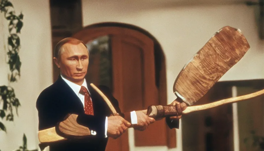 Image similar to 7 0 s movie still of putin in teleshopping show, proudly holding an axe. cinestill 8 0 0 t _ 3 5 mm eastmancolor, heavy grain, high quality, high detail