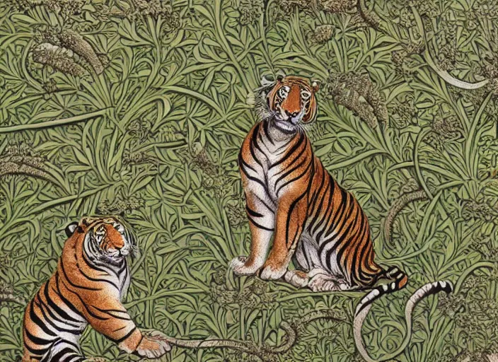 Prompt: a tiger in the centella asiatica in android jones, ernst haeckel and william morris style