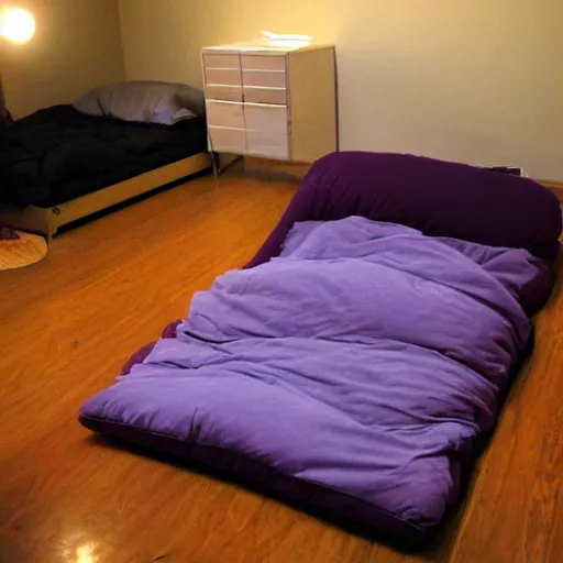 Image similar to gabe newell sleeping on futon on floor, realistic
