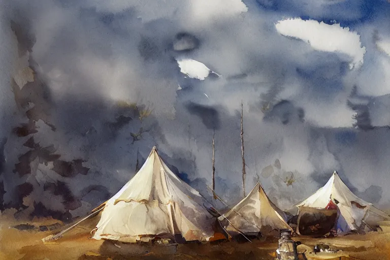 Image similar to small centered on white watercolor paper, paint brush strokes, abstract watercolor painting of hunter tent camp, scandinavia, smoke, midday sharp light, cinematic light, american romanticism by hans dahl, by jesper ejsing, by anders zorn, by greg rutkowski, by greg manchess, by tyler edlin