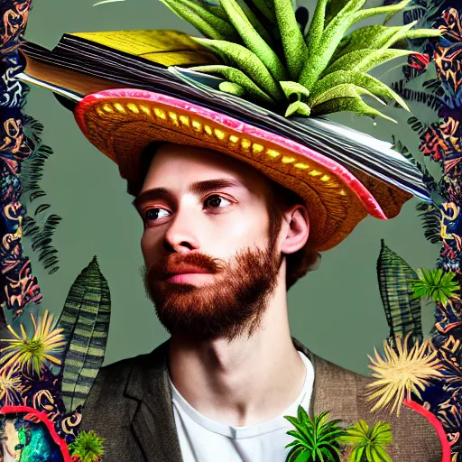 Image similar to HD 8x hyperdetailed illustrated collage portrait of a man with a maximalist hyperrealistic huge hat made of plants, reading a book. flamish baroque solarpunk elements. matte background in pastel tones.