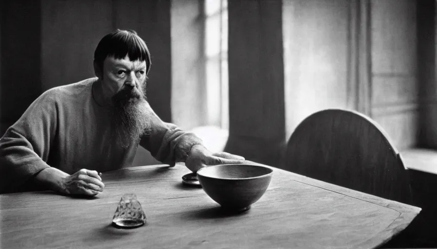 Prompt: 1 9 6 0 s movie still by tarkovsky of an elder socrates drinking a hemlock bowl in small classical room, cinestill 8 0 0 t 3 5 mm b & w, high quality, heavy grain, high detail, panoramic, ultra wide lens, cinematic composition, dramatic light, anamorphic, raphael style, piranesi style