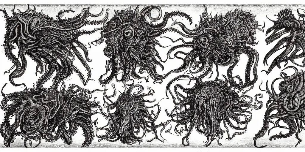 Image similar to detailing reference sheet of lovecraftian unnamed creatures in the style of copper plate etching by biologist