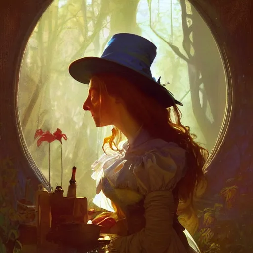 Image similar to portrait of alice in wonderland, dramatic lighting, high detail, painted, by greg rutkowski, painted by stanley artgerm, painted by alphonse mucha, trending on artstation