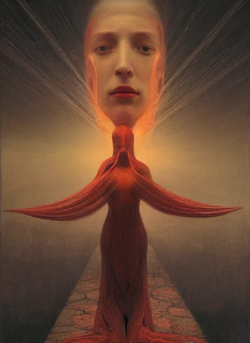 Image similar to Woman masterpiece, red, golden halo behind her head, red wires wrap around, by Edgar Maxence and Ross Tran, Zdzisław Beksiński, and Michael Whelan, distant, gustav dore, H.R. Giger, 8k, octane render