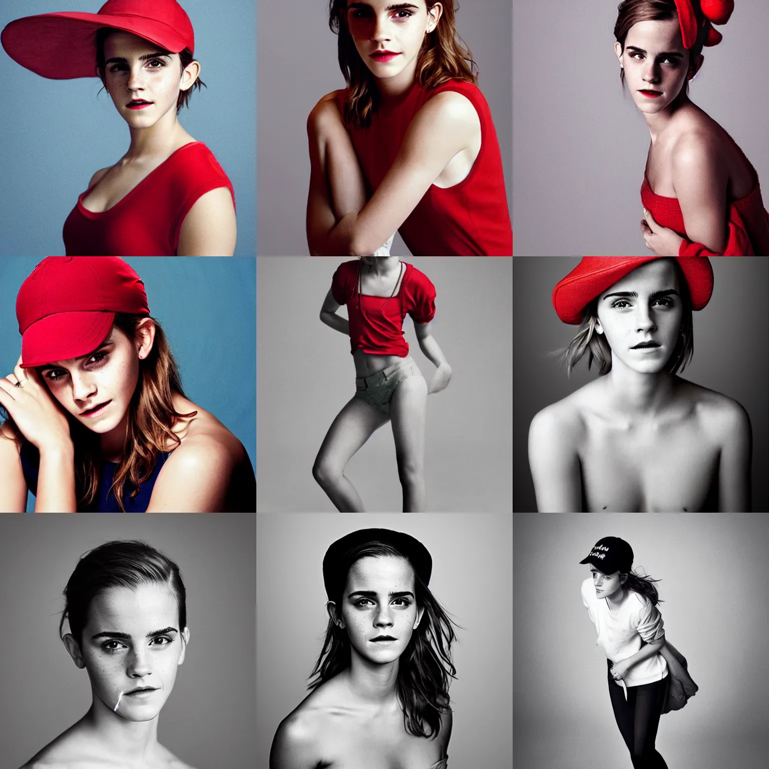 Prompt: Photo of Emma Watson wearing a red cap, soft studio lighting, photo taken by Martin Schoeller for Abercrombie and Fitch, award-winning photograph, 24mm f/1.4